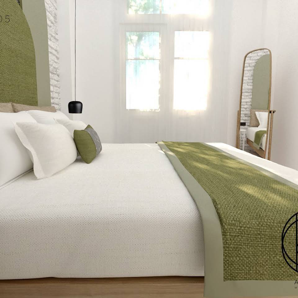 Concept camera con testiera verde oliva e specchio da terra